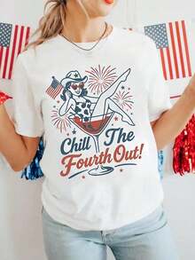 Workout Shirts Women Chill The Fourth Out Shirt, Retro 4th Of July Shirt, Funny Fourth Of July Shirt, Patriotic Cowgirl Shirt, USA T-Shirt, American F - 復古七月四日 Shirt004 - 查看 1