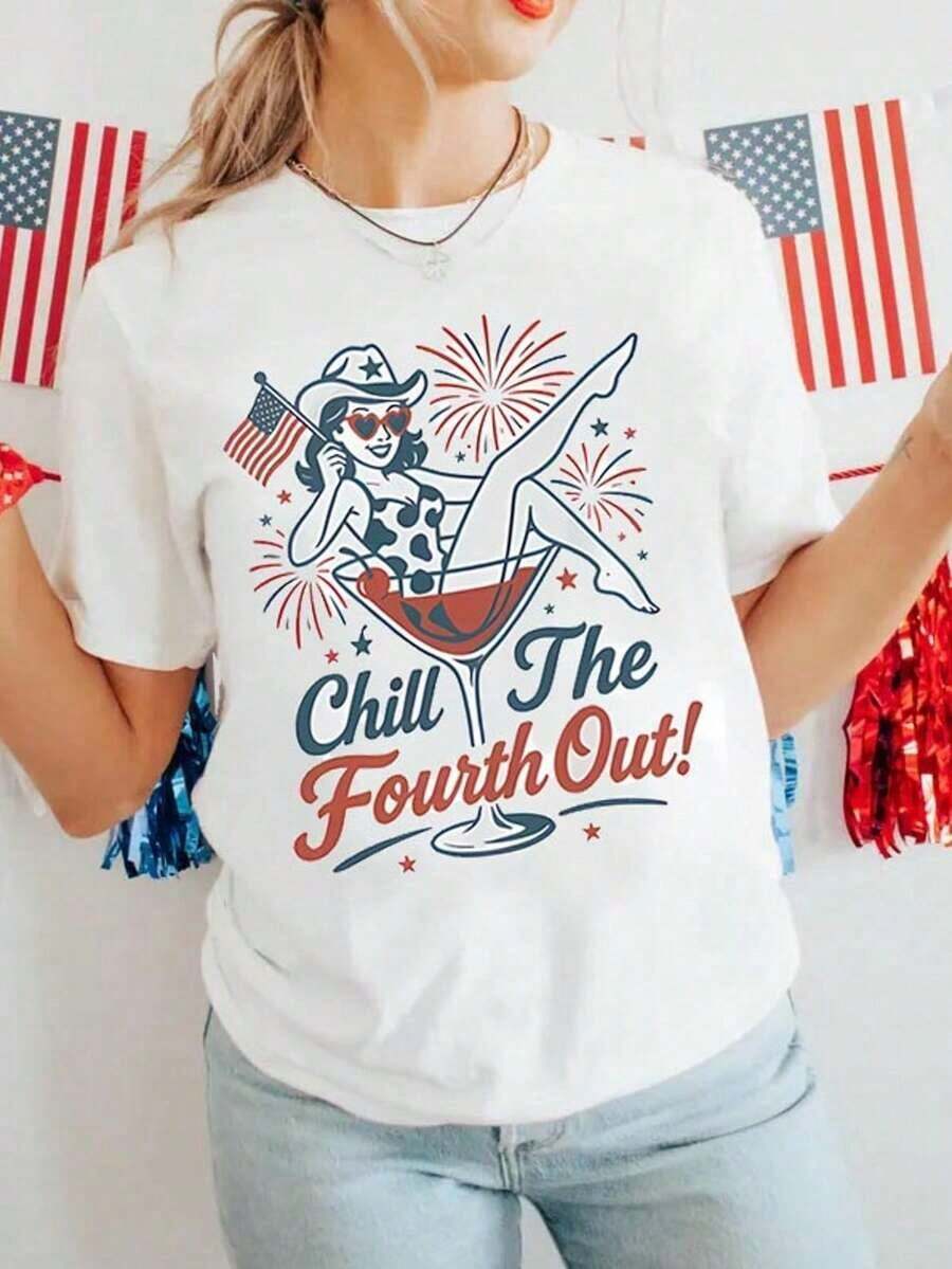 Workout Shirts Women Chill The Fourth Out Shirt, Retro 4th Of July Shirt, Funny Fourth Of July Shirt, Patriotic Cowgirl Shirt, USA T-Shirt, American F - 復古七月四日 Shirt004 - 查看 1