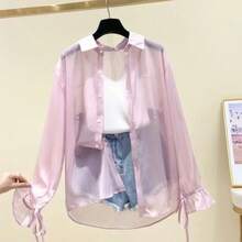 Smvp Chiffon Blouses For Women Summer Thin Loose Button-Up Sunscreen Shirt Woman Korean Fashion Bow Lace-Up Long Sleeve Shirts - Pink - View 7