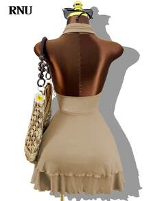 RNU Apricot & Khaki Pleated Collar Bohemian Romantic Elegant Metal Button Wedding Guest, Graduation, Birthday Party, Banquet, Beach Vacation Dress, Western Style Outfit, Music Festival, Vacation Travel V-Neck Loose Casual Spaghetti Strap Mini Dress, Pool Party, Vacation, Casual Sexy Girl Dress - Khaki - View 7