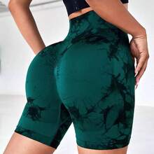 1 Piece Women's Outdoor Fitness Tie-Dye Peach Hip Sports Shorts, High Elastic Tight Quick-Drying Three-Point Yoga Shorts - 墨綠 - 查看 6