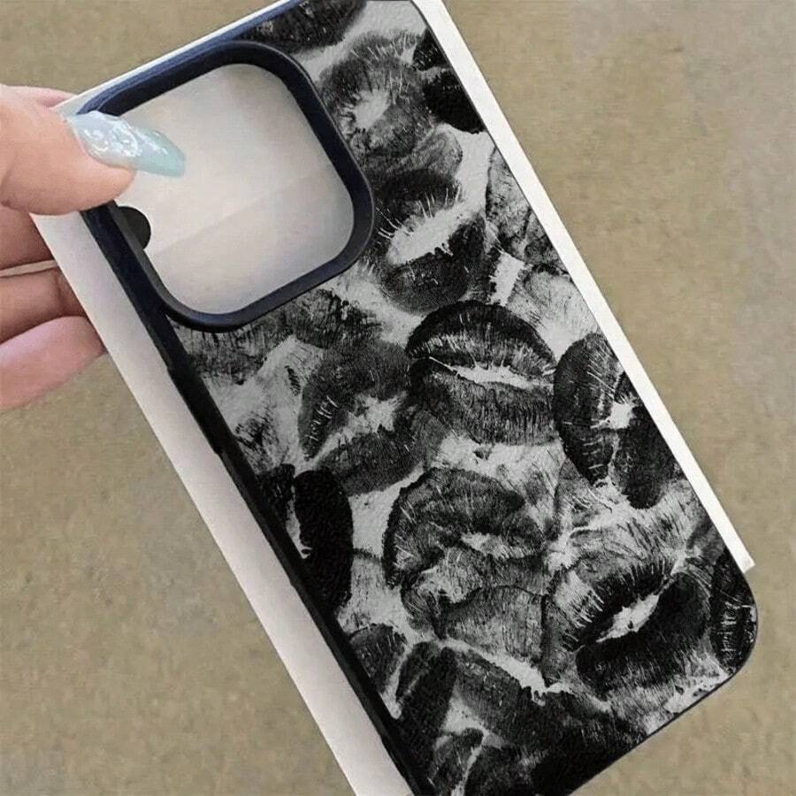 1pc White Base Black Lip Print Litchi Texture TPU Phone Case, Suitable Compatible With Apple 17 16 15 14 13 12 11 Plus Pro Max Series, Personalized INS Style Protective Cover, Minimalist Fashion Cute Design, Full Coverage Protection - Multicolor - View 1
