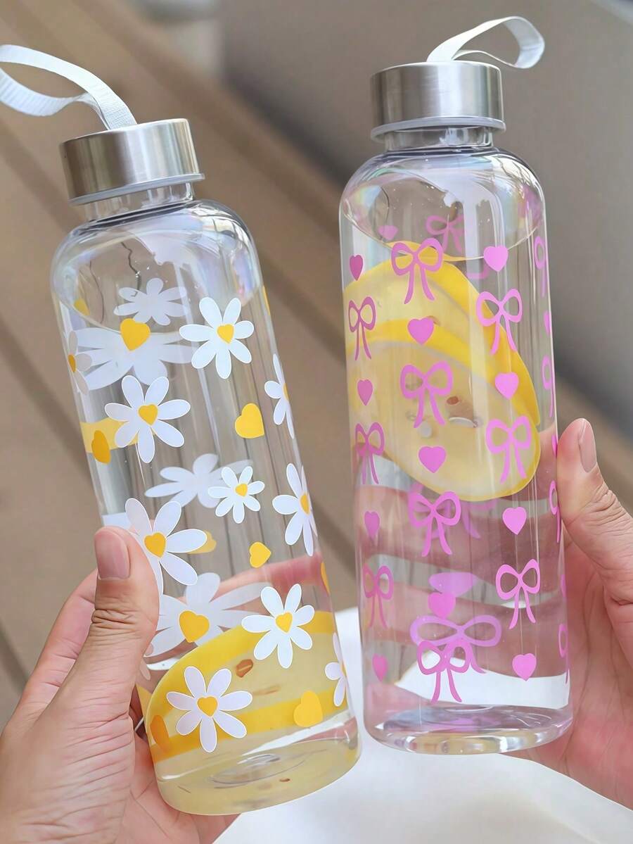 1件 550ml 防漏可重複使用水瓶,附裝飾性雛菊與蝴蝶結印花,輕量旅行水壺附掛繩,適合隨身補水 - 彩色 - 查看 1