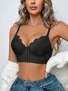 Women's Black Lace Front Closure Underwire Bra - Breathable, Comfortable, Adjustable Straps, Seamless & Skin-Friendly - Black - View 8