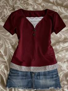 Women's Casual Commuter Colorblock Lace Button Short Sleeve Fitted T-Shirt, Summer - Burgundy - View 11