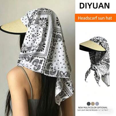 1件装佩斯利花纹头巾遮阳帽，UPF50+防晒，宽檐草编遮阳帽，女士户外/沙滩/度假宽檐草编遮阳帽，带可拆卸头巾
