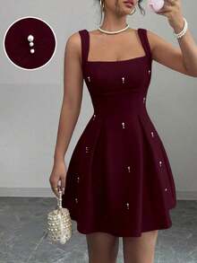 Vestido casual de mujer con parches de unicolor, tirantes anchos y cuentas - Rojo violeta - Ver 12