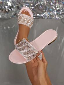 Giày sandal đế bằng mũi vuông mới cho nữ mùa xuân/hè, dép lê đính đá thời trang dự tiệc, màu đen-trắng-hồng, cỡ lớn 41-43, kiểu dáng gợi cảm, dễ phối với váy. - Hồng - Xem 2