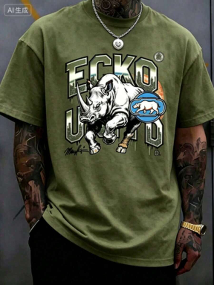 Men's 220g 100% Cotton ECKO UNLTD Iridescent Rhino Graphic T-Shirt,And Breathable Men's Sportswear, Suitable For Everyday Wear,Outings, Commuting. - 綠色 - 查看 1