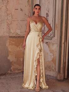 Faeriesty Vestido de noche elegante y formal para mujer, diseño de tirantes finos, decoración con volantes, abertura alta, silueta ajustada, adecuado para cenas formales, galas de lujo, bodas, eventos de alfombra roja y fiestas de alta gama de primavera - Albaricoque - Ver 3