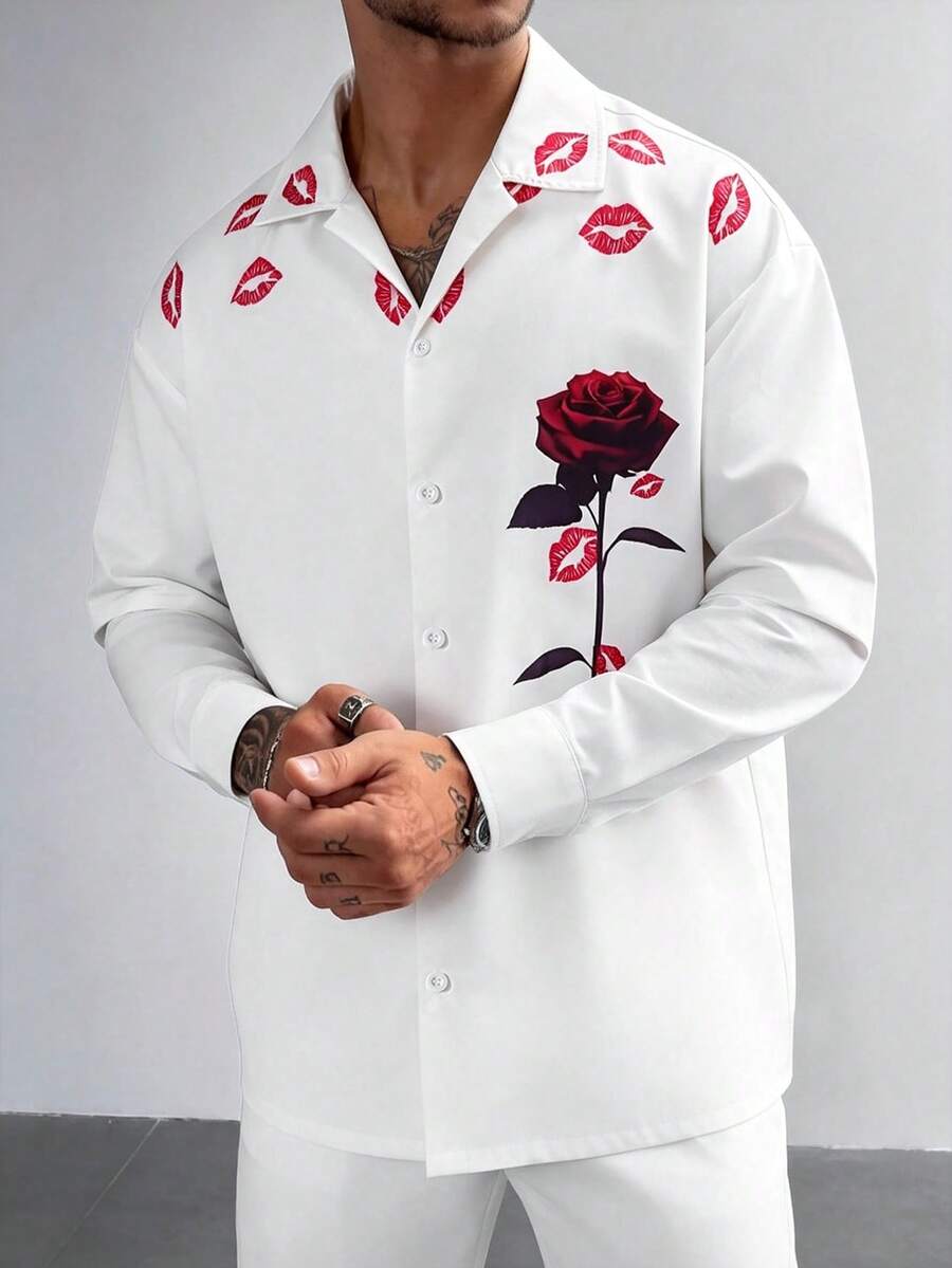男士花卉唇印长袖单排扣休闲衬衫 - 白色 - 查看 1