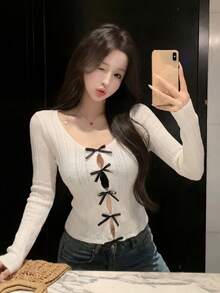 Nueva llegada Blusa de manga larga ajustada con parches de encaje y lazo sexy para primavera/verano - blanco lechoso - Ver 1