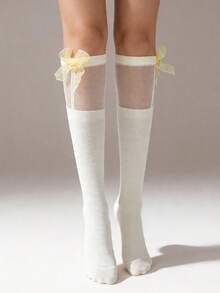 1 đôi tất dài đến đầu gối bằng vải lưới mỏng màu kem dành cho nữ, có nơ organza màu vàng, thoáng khí, kiểu Lolita JK ngọt ngào, lý tưởng cho trang phục hàng ngày và cosplay. - Nhiều màu - Xem 1