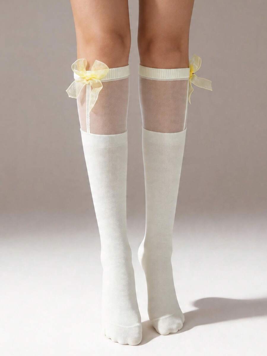 1 đôi tất dài đến đầu gối bằng vải lưới mỏng màu kem dành cho nữ, có nơ organza màu vàng, thoáng khí, kiểu Lolita JK ngọt ngào, lý tưởng cho trang phục hàng ngày và cosplay. - Nhiều màu - Xem 1