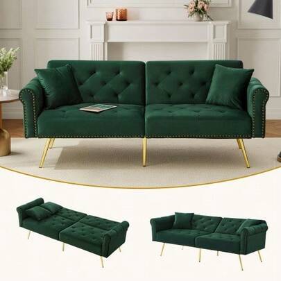 Modern 2-Seater Sofa Bed – Velvet Upholstery, 3-Position Adjustable Backrest & Gold-Plated Metal Feet. Stylish Sofa With Sleeping Function – Space-Saving, Durable, Ideal For Small Rooms.