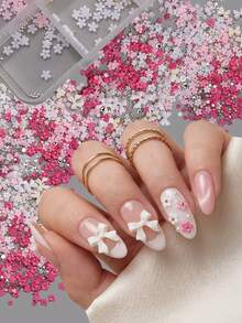 QIANJIKU 12pcs Mixed 3D Bowknot Flower Nail Art Decorations, Pink & White Sakura Resin Bows, Pearl & Rhinestone, Delicate Spring Style Nail Art Accessories Set, 3D Bowknot, Sakura Flowers, Pearl & Rhinestone Decor - Multicolor - View 7