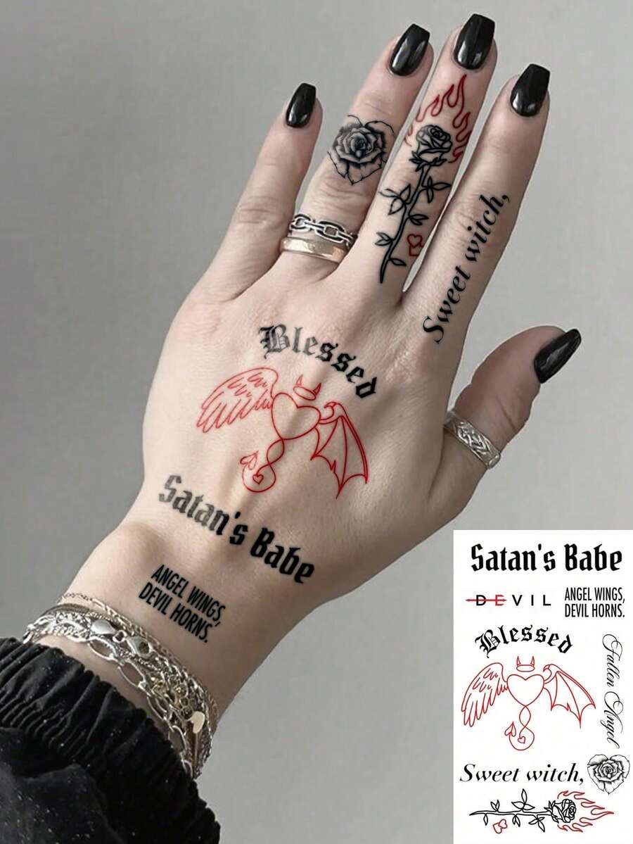 1张小号人体彩绘临时纹身贴纸，男女通用，红黑天使恶魔火焰玫瑰图案，挑逗俏皮风格，防水假纹身，可持续2-5天，可遮盖疤痕，可用于手臂、手腕、肩膀、腿部、腰部、颈部、手部等部位。 - 黑色 - 查看 1