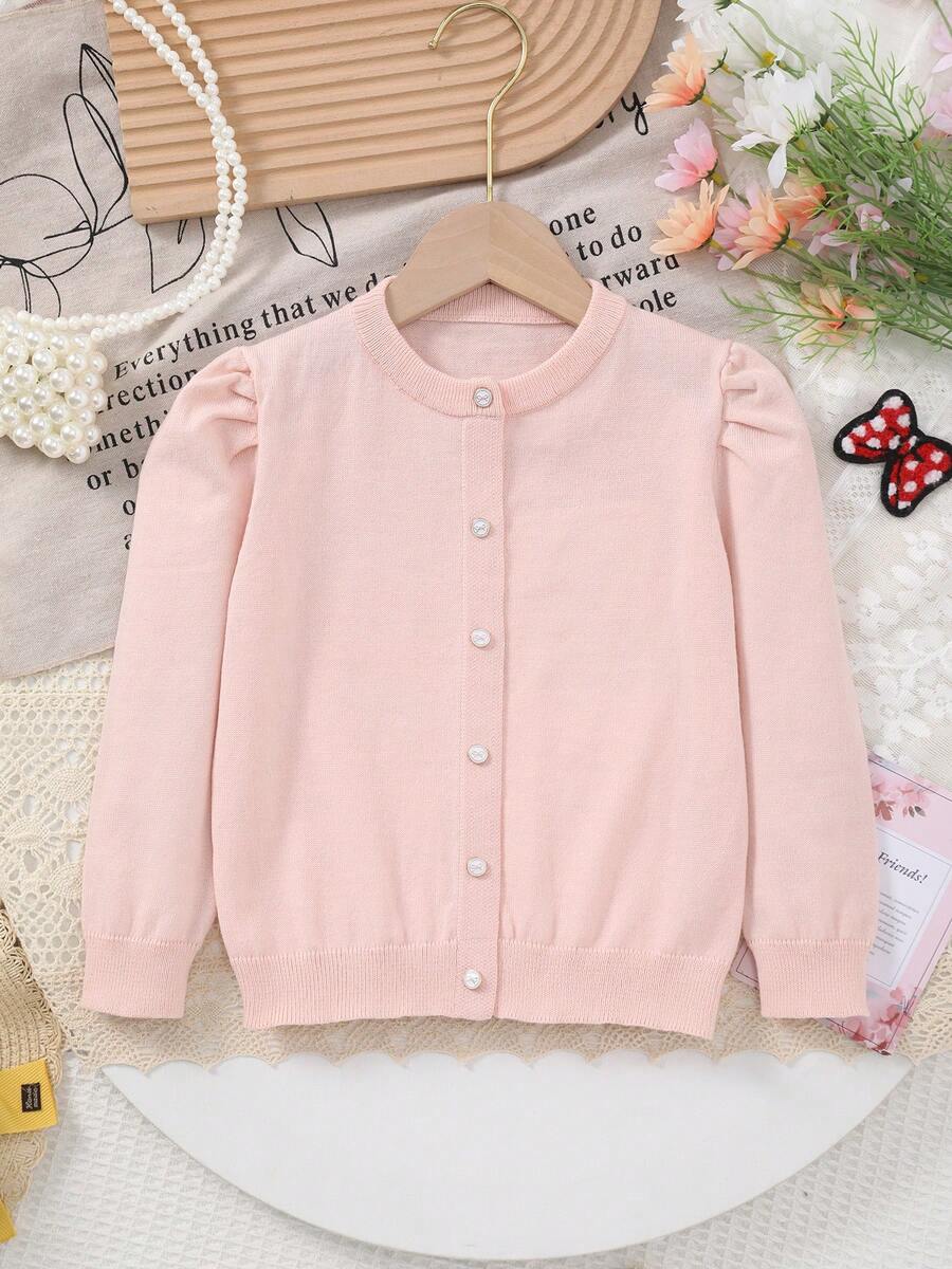 Girls' Knitted Round Neck Cute Puff Sleeve + Button Bow Design Sweater, Elegant, Suitable For Outings Or Parties - Pink - View 1