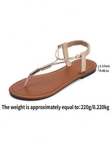 女款金屬裝飾 T 型帶平底涼鞋，彈性腳踝帶夾腳涼鞋，夏季海灘度假休閒羅馬鞋 - 金色 - 查看 8