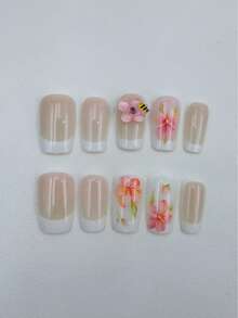 10pcs Set Handmade Shallow Pink Short Trapezoid Fragrant Style French Manicure Nail Stickers, Nail Art Decals For New Year, Valentine's Day, UV Gel Nails, Summer, Wearable Nail Art, Elegant Design, High-End French Style, Gel Polish, Glitter, Cat Eye Effect, Metallic Shine - Baby Pink - View 4