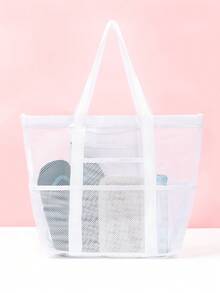 Hollow Polyester Mesh Large Capacity Beach Bag, Travel Laundry Bag, Swimming Storage Bag, Minimalist Mesh Beach Bag, Mother's Day Gift For Mom - White - View 5