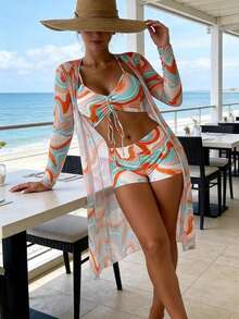Women's Swimsuit Set, Bikini With All-Over Print And Drawstring, With Kimono Beach Cover-Up. - Orange-1 - View 4