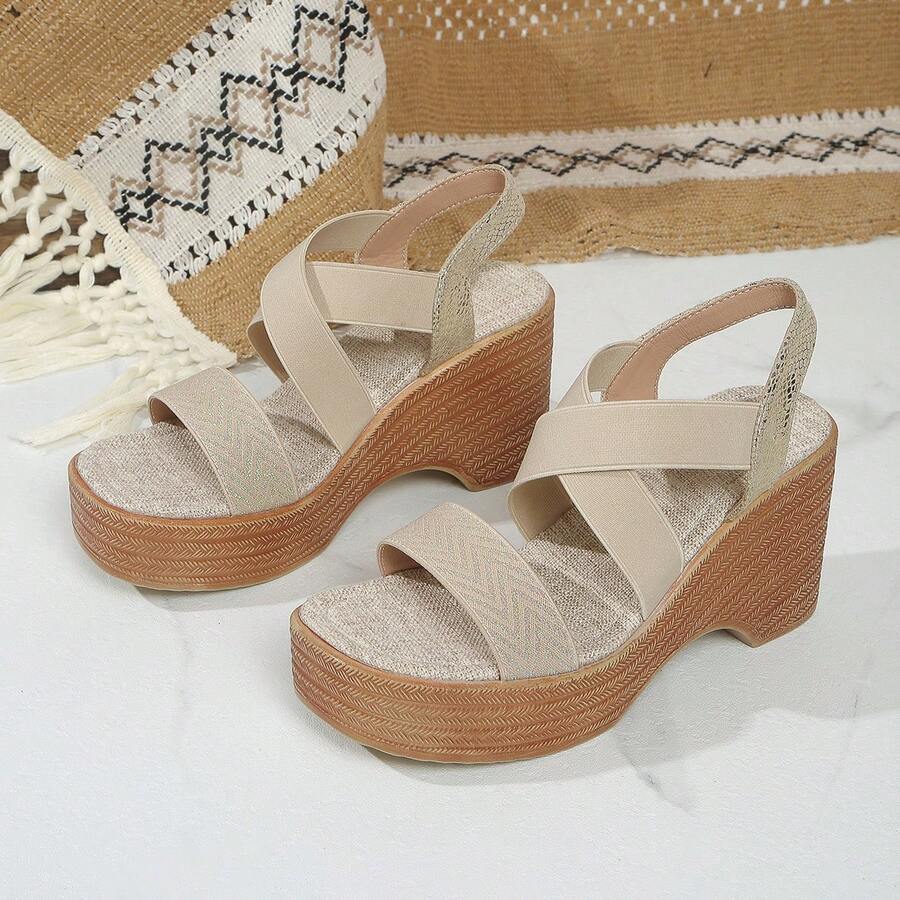 Women's Snake Skin Print Elastic Criss-Cross Slip-On Casual Platform Sandals - Beige - View 1