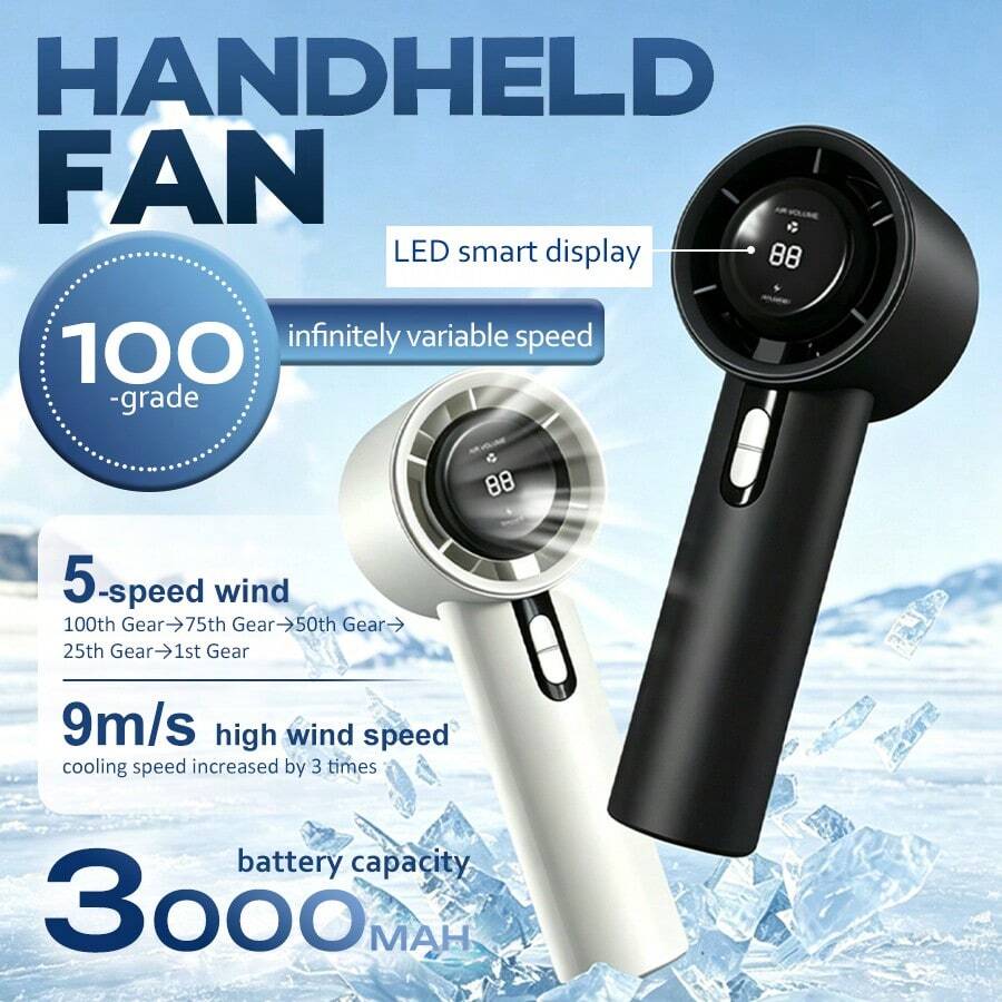 1pc Rechargeable 100-Speed Handheld Fan, 3000mAh Rechargeable Lithium Battery, Long-Lasting, LED Display, Handheld & Desktop, 4 Color Options, Portable USB Fan Ideal For Outdoor Use