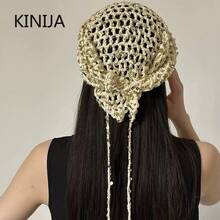 Pañuelo Triangular de Punto Calado con Lentejuelas Estilo Ins para Mujer, Ideal para Viajes de Verano, Fotos, Versátil, Casual, Estilo Y2K, Gorro, Diadema - 1 - Ver 2