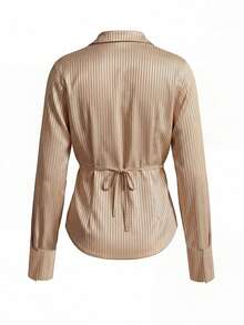 Satin Collar Striped Waist Fitted Long Sleeve Blouse For Women, Sweet & Spicy Vibe, Spring - Khaki - View 7