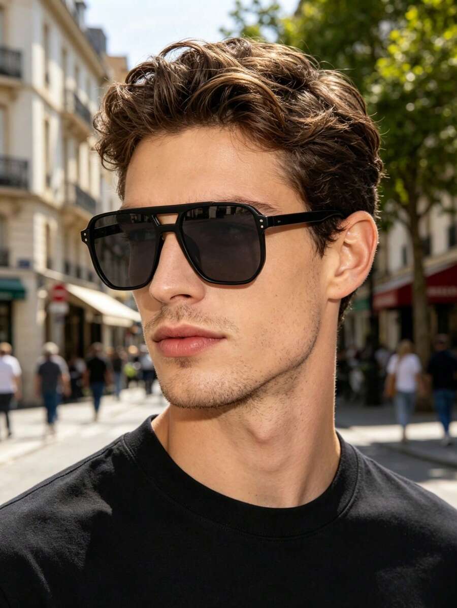 1 pieza Gafas de moda cuadradas con puente doble y remaches, estilo retro de moda unisex - Multicolor - Ver 1
