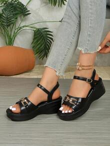 Women's Fashion Sandals, Decorative Buckle Design Wedge Heel, Versatile Open Toe Casual Beach Slippers - Black - View 5