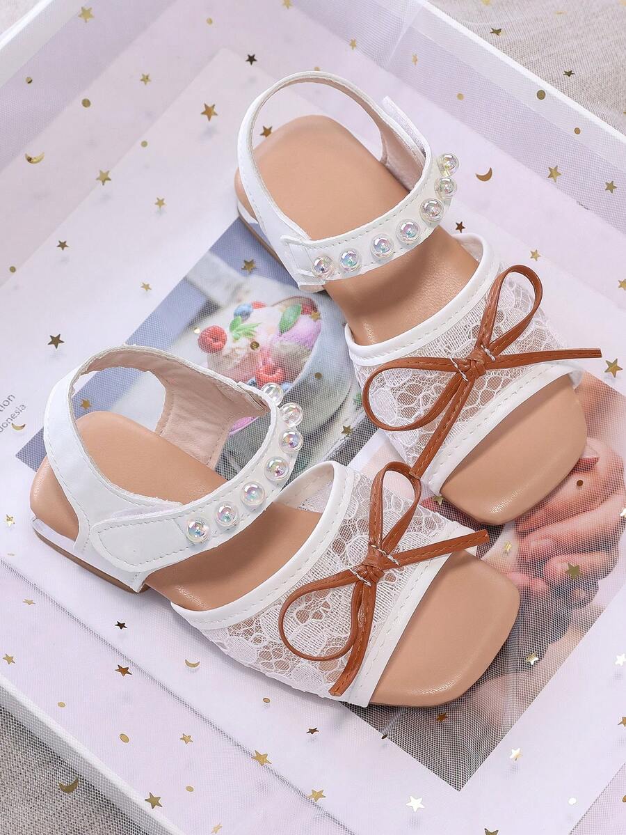 1 Pair Of Girls' Iridescent Beaded Lace Mesh Sandals With Bow Decoration, Square-Toe Simple Design, Comfortable And Breathable, Open-Toe, One-Piece Heel, A Must-Have For Children's Everyday School Wear. - Beige - View 1