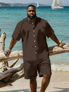 Plus Size Men's Shirt Set, Short Sleeve Shirt And Shorts 2 Piece Set, Solid Color Machine Washable, Plus Size - Coffee Brown - View 6