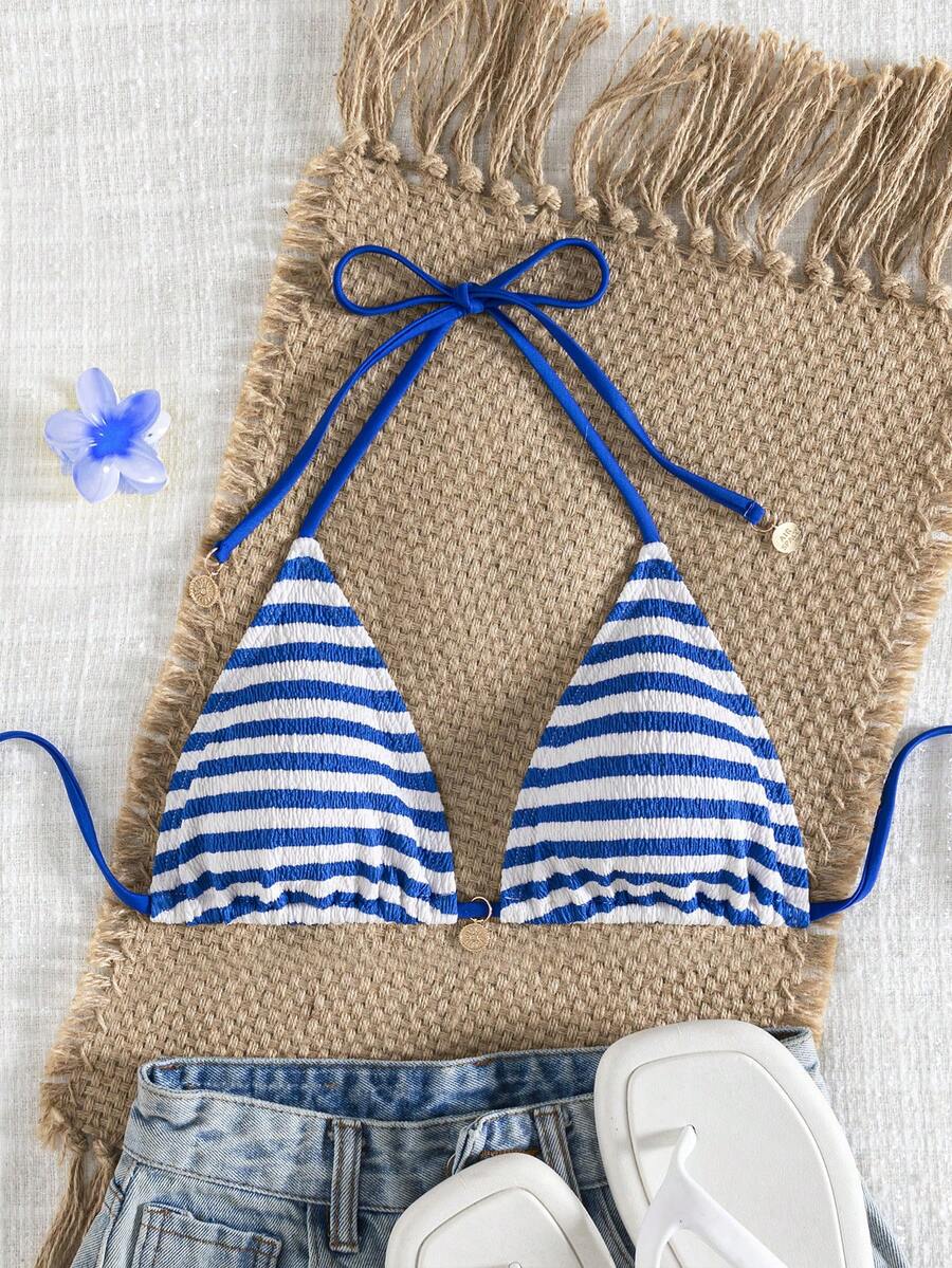 European And American Popular Summer Beach Striped Tie-Up Bikini Top For Women Vacation - Pleated Blue and White Stripes - View 1