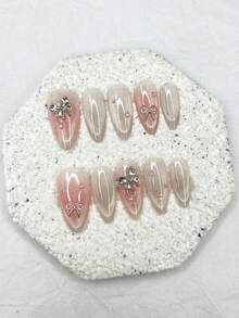 10片可爱粉色杏仁形美甲贴片，3D蝴蝶结珍珠钻石猫眼闪粉假指甲，温柔甜美少女美甲用品（1张果冻贴纸+1个指甲锉） - 彩色 - 查看 10