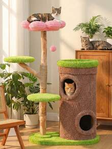 PAWZ Road 53.5" Wood Cat Tree With Flower Perch,  Modern Cat Tower W/Natural Solid Wood Scratching Post (φ3.8in), Large Heavy Duty Forest Cat Tree Furniture W/2 Condos For Indoor & Multi-Cat Household - 綠色 - 查看 1