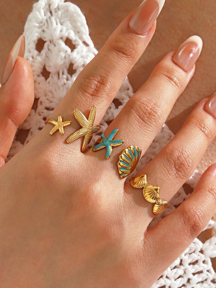 3pcs/Set Stainless Steel 18K Gold Plated Starfish & Shell Design Rings, Suitable For Women Beach Vacation Wear