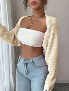 Bolero de punto para mujer, color blanco, manga larga holgada, ideal para combinar con tops y vestidos en primavera y verano - Beis 2 - Ver 6