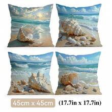 4 buah Sarung Bantal Motif Ombak Laut & Kerang, Sarung Bantal Cetak Satu Sisi, Cocok untuk Ruang Tamu, Kamar Tidur, Dekorasi Rumah, Semua Musim - MultiWarna - View 12