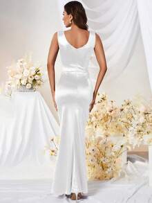 MUXXN Gaun Pesta Koktail Formal Satin Tanpa Lengan Gaya Retro 1950-an Warna Putih - Putih - View 2