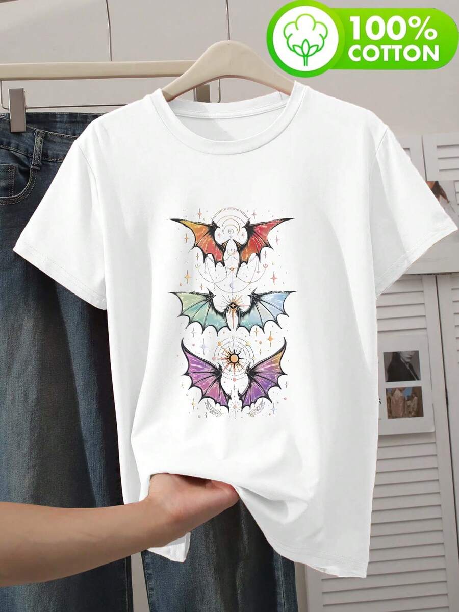 Áo thun nữ cổ tròn tay ngắn bằng chất liệu cotton nguyên chất, kiểu dáng thoải mái, dễ mặc. Họa tiết bướm in trên áo, thích hợp cho đi làm, đi học và những buổi đi chơi thường ngày vào mùa xuân, hè và thu. Màu trắng. - trắng - Xem 1