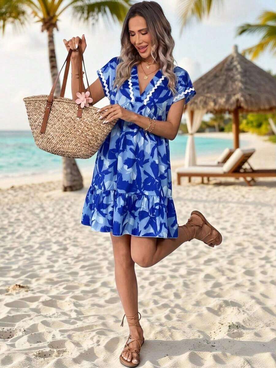 Vestido corto casual de vacaciones románticas de playa rosa para mujer en verano - Multicolor 5 - Ver 1