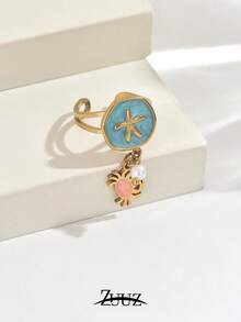 1 Stück Vintage Edelstahl Ring mit blauem Seestern Muster und Krabbenpendant, offener Ring als Schmuckgeschenk für Frauen, geeignet für den täglichen Gebrauch - Ring - Übersicht 4