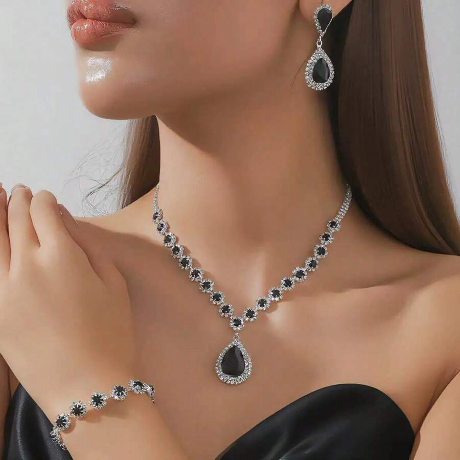 3件套女士首饰套装:项链、耳环、手链 - 黑色 - 查看 1