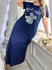 Áo ngủ tay ngắn cỡ lớn dành cho nữ, màu xanh dương, kiểu váy dài, đồ ngủ, chất liệu nhẹ, rộng rãi, thích hợp mặc thường ngày, mùa xuân/hè. - Màu xanh lam - Xem 4