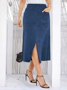 Women's Casual Elegant Suede Midi Skirt With Pockets, Front Slit, And Back Zipper - Sizes S, M, L, XL - 藏蓝色 - 查看 5