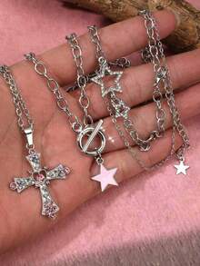 Conjunto de collar con colgante de corazón, estrella y cruz de cristal brillante y a la moda, estilo gótico Y2K dulce y moderno para mujer. - Rosa - Ver 2