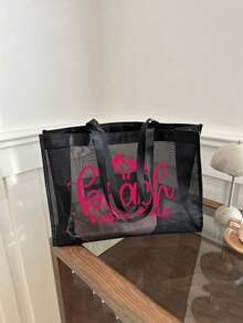 Black Mesh Tote Bag & Makeup Bag Set, With Beach Letter Print Design, Beach Bag, Hawaiian Style Transparent Organizer Bag Makeup Bag Travel Storage Bag, Makeup Bag Makeup Pouch Skincare Bag Toiletry Bag, Women's Beach Tote Bag, Canvas Bag Beach Accessories, Wedding Bridesmaid Gift, Mom Gift, Birthday Gift, Gift For Friends And Teachers, Home Decor, Bathroom Living Room Bedroom Decor, Jewelry Storage - Multicolor - View 3