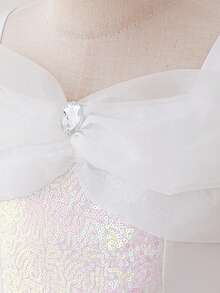 Young Girls' Blue Off-Shoulder Spaghetti Strap Tulle Princess Dress, Suitable For Parties - White - View 7